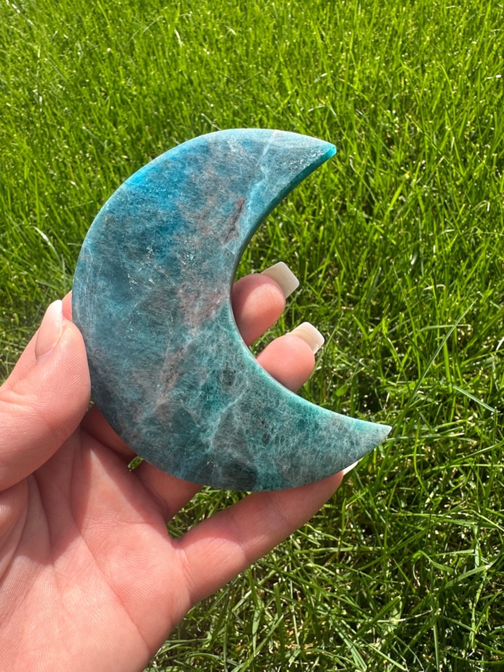 Blue Green Apatite Crescent Moon Stone Palm